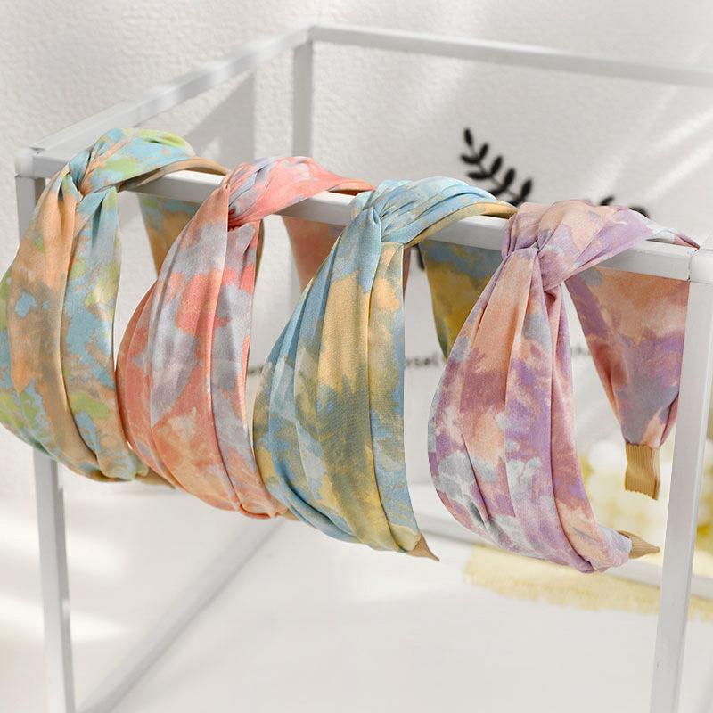 

Hair Accessories 2021 Fashion Women Headwear Tie-dyed Fabric Headband Cross Fold Hairband Wide Side Turban Adult
