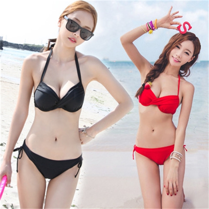 Bracket Eniffrey South Korea Steel Gathered Big and Small Chest Sexy Black Red Bikini Female Swimsuit Vito-image-678663679