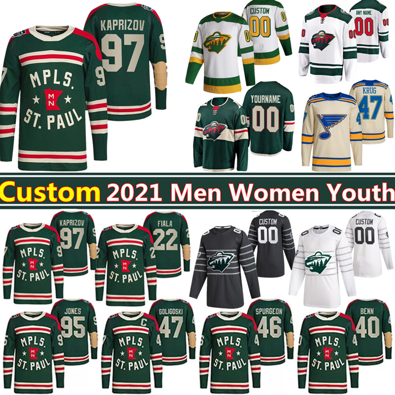 

Minnesota Wild Jersey Custom 97 Kirill kaprizov 22 Kevin Fiala 24 Matt Dumba St Louise Blues 11 Zach Parise 23 Marco Rossi 20 Ryan Suter Dubnyk Spurgeon Hockey Jerseys, Women's color 3