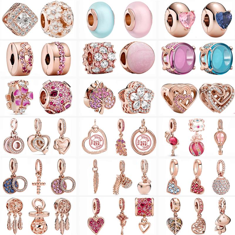 

Other Rose Pink Heart Flower Leaf Feather Pendant Pavé Clip Beads Fit Original Charms Bracelet DIY 925 Silver Fine Jewelry