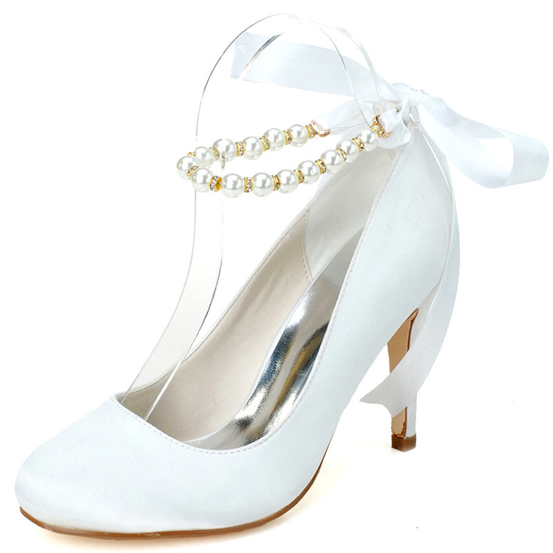 

Sandals High Heels Satin Wedding Shoes Women Round Toe Pearls Ribbon Tie Heeled Prom Evening Bridal Party Ladies Dress Pumps PTNP, White