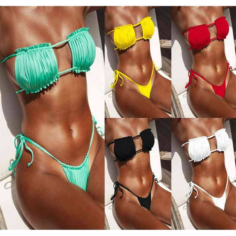 

Ruched Bandeau Bikini Summer Hollow Out Lace-up Women Sexy Mini Micro Swimwear Beachwear Thong Bathing Suit Two Piece Set 210604, Red