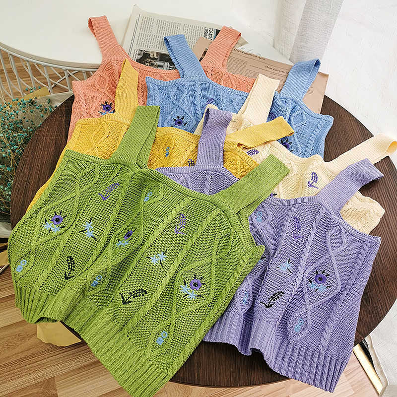

Knitted Women Crop Top Camis Vintage Embroidery Flowers Sleeveless Summer Short Camisole W805 210526, Green