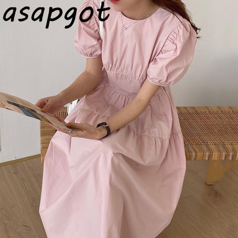 

Casual Dresses Chic Korean Elegant Pink Pleated O Neck Puff Short Sleeve Dress Women Loose High Waist Fashion Vestido Feminino 2021 Spring, Black;gray