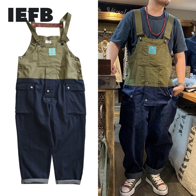 

IEFB Color Matching Overalls Men's American Suspenders Trendy Braces Daddy Pants Jeans Pants Workwear Jumpsuit 9Y5505 210524, Army green