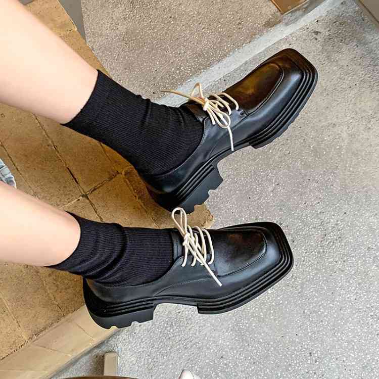 

Sandals Thick soled cowhide leather shoes women's autumn style square head lace up high heels dark wind low top single fashion NZ27, Cover style