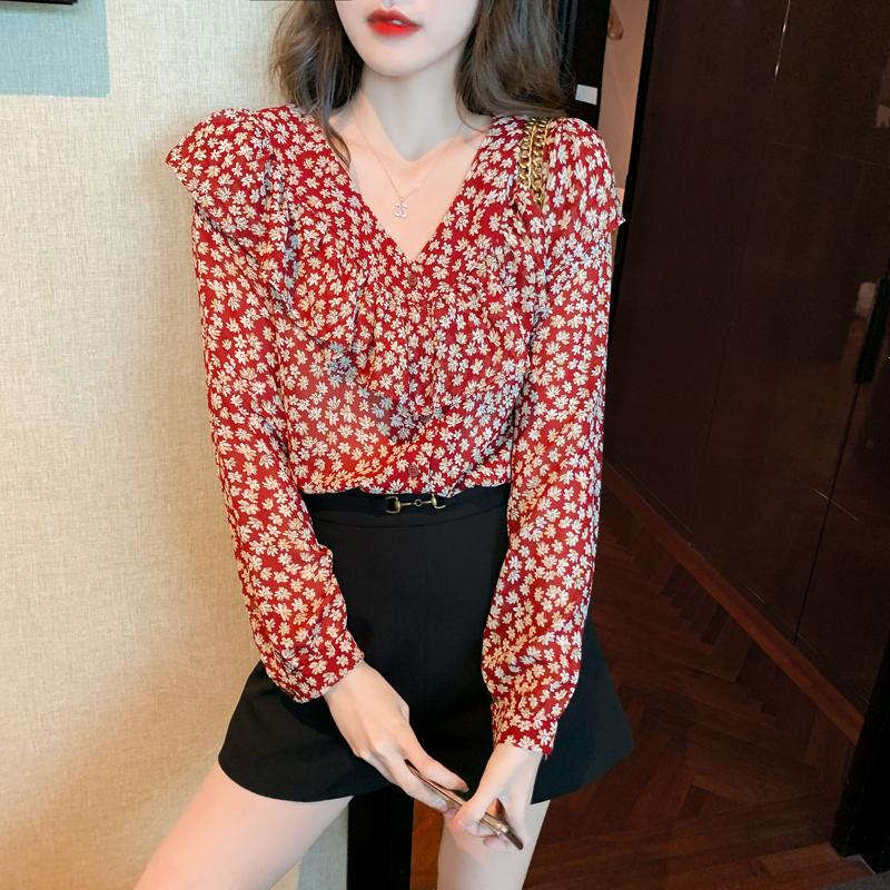 

Women's Blouses & Shirts 2021 Spring Fashion Trend Temperament Cover Belly Floral Chiffon Shirt Top Western Style Small, White