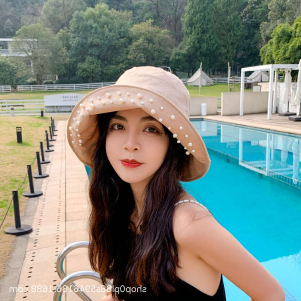 

Sun hat net red pearl flanging fisherman's Women's summer literature and art leisure sunshade sunscreen basin Hat, Blue;gray