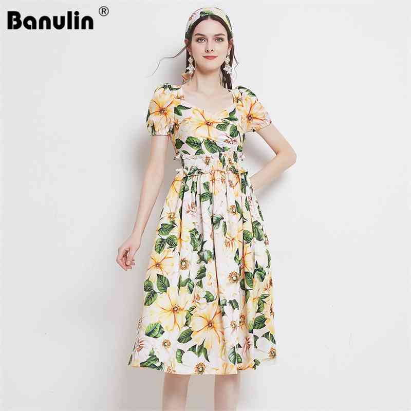 

Banulin Summer Runway Dress Vintage Elegant Floral Printing V Neck Elastic Waist Street Chic Casual Women Midi N7363 210603, Yellow