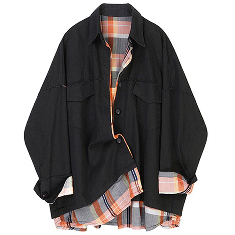 

Women's Jackets Spring Autumn 2021 Women Coat Loose Fit Black Plaid Stitch Big Size Jacket Lapel Long Sleeve Fashion Tide Veste Femme Chaque