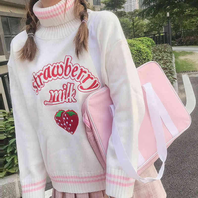 Winter Cute Women Turtleneck Sweater Harajuku Kawaii Strawberry Milk Pink Femme Pull Jumper High Neck White Knitted Sweaters