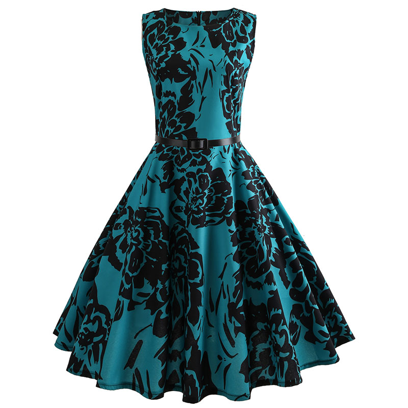 2021Floral Print Women Summer Dress Hepburn 50s 60s Retro Swing Vintage Dress A-Line Party Dresses With Belt jurken Plus Size-image-689022856