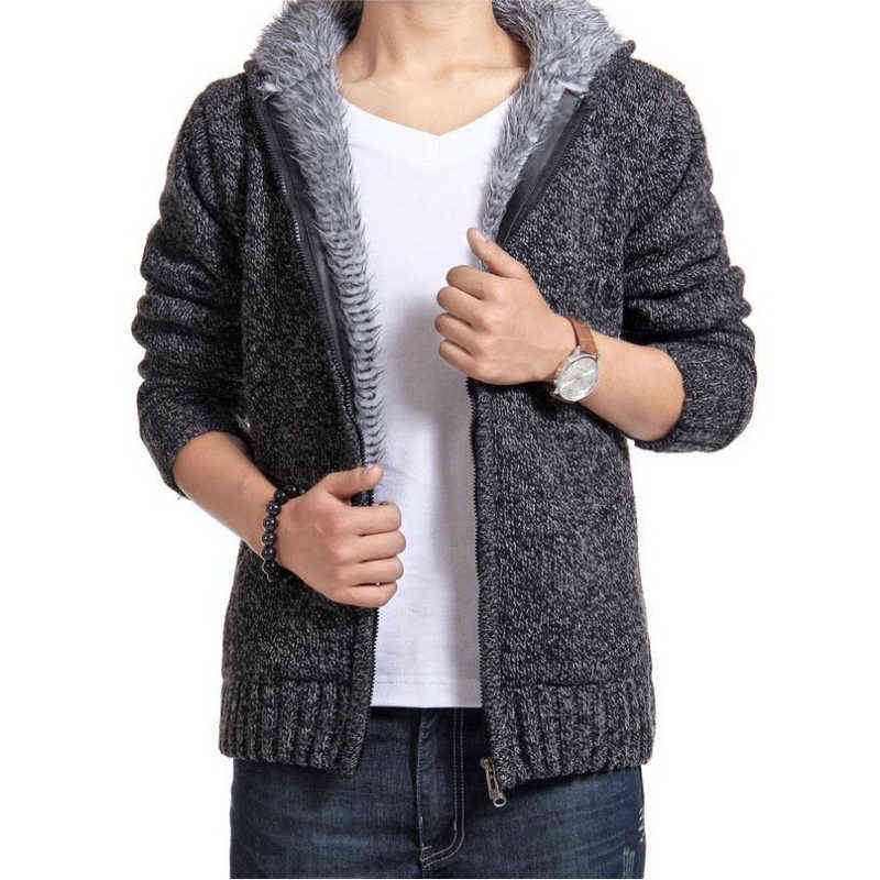 

Autumn Winter Men's Thick Sweatercoat Collar Zipper Sweater Coat Outerwear Fleece Cashmere Liner Sweatersturn-down, Black