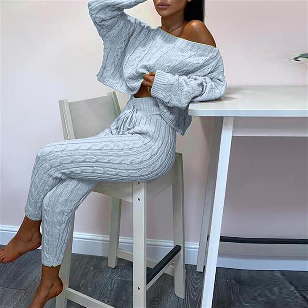

Stylish Autumn Winter Knitted Womens Pants Two Pieces Outfit Off Shoulder Long Sleeve Sweater Jumpers Set, White
