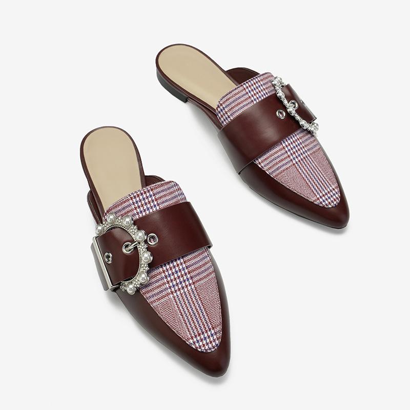 

Loafers Shoes Ladies' Slippers Pointed Toe Mules For Women 2021 Low Flat Basic Rome Slides Fabric Hoof Heels Rubber Autumn PU, Black