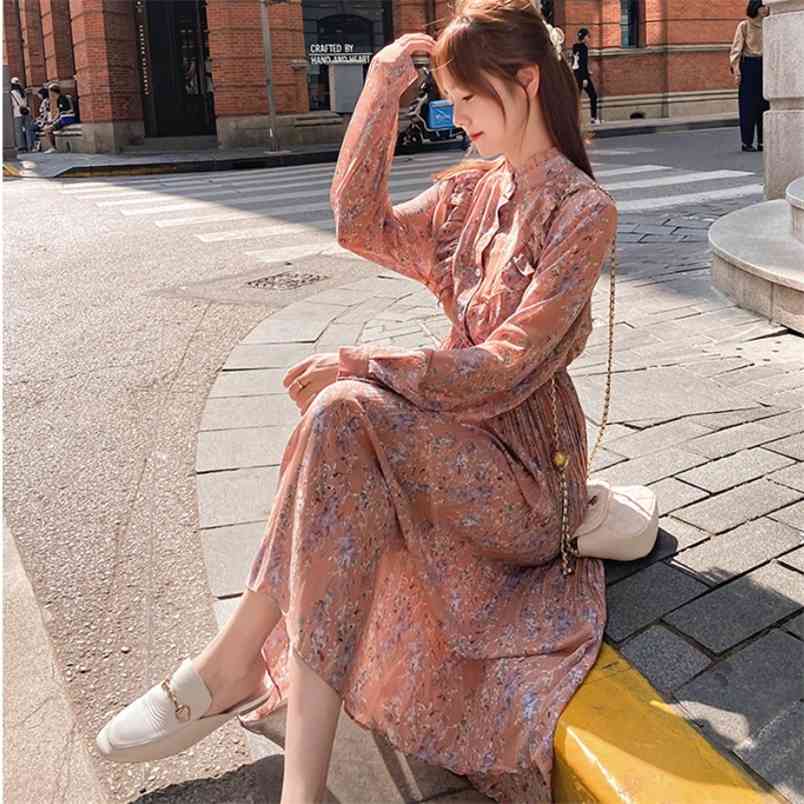 

Fashion Elegant Stand Collar Ruffles Women Dress Long Sleeve print Female Chiffon Pleated Vestidos femme 210519, Photo color