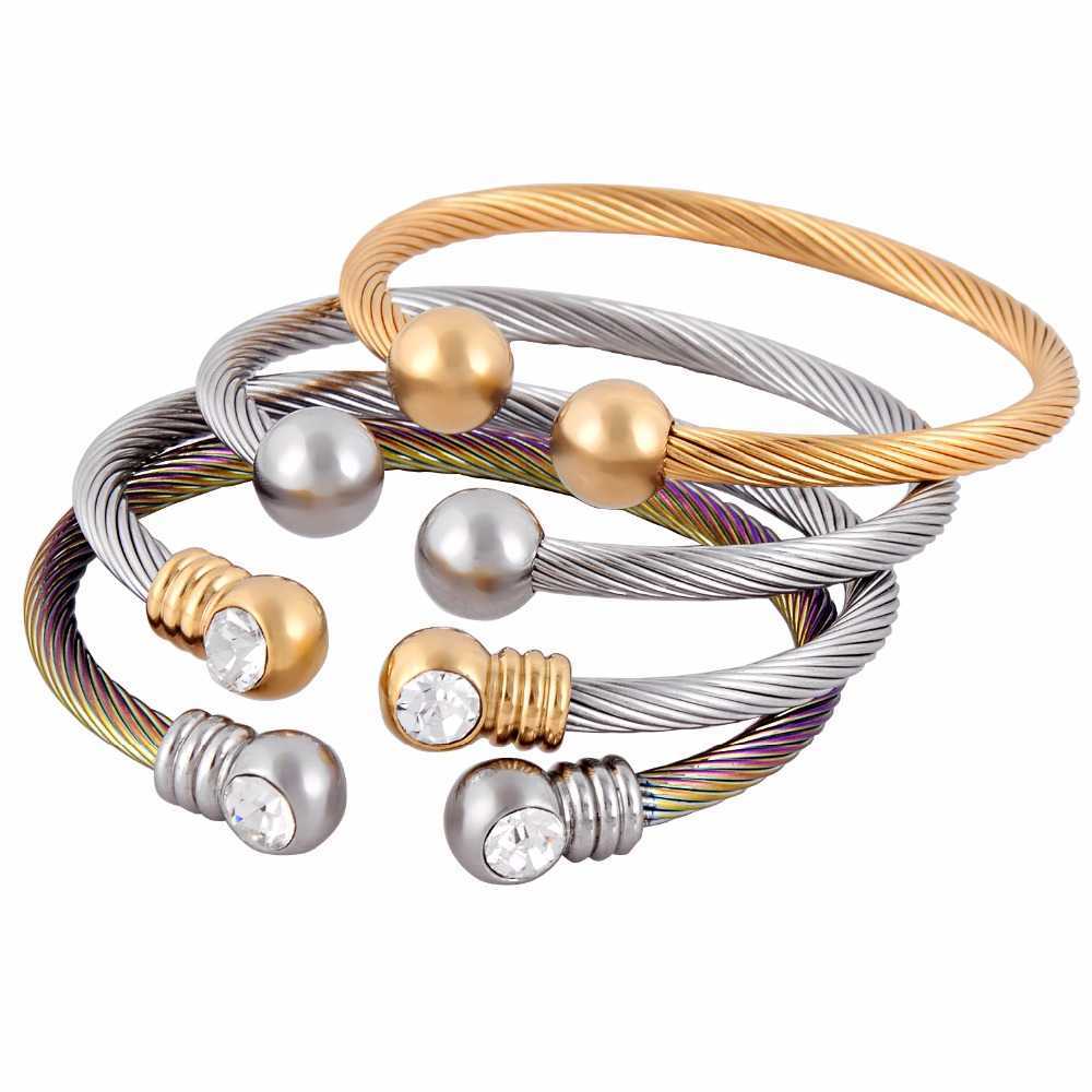 

Stainless Steel Jewelry Fashion Women Cuff Bangle Cable Elastic Ball Charm Bracelet Dropship Q0719