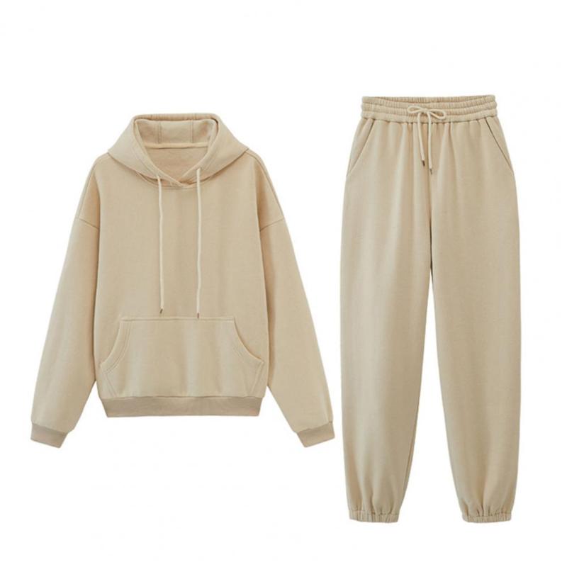 

Women's Two Piece Pants 2Pcs/Set Women Hoodie Drawstring Ribbed Cuff Winter Clothing Solid Color Hooded Sweatshirt Sports Suit For Outdoor, White