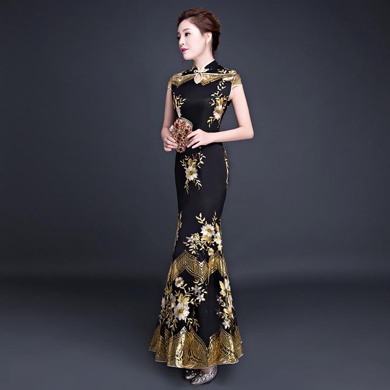 

Female Flower Embroidery Formal Party Dress Black Exquisite Sequins Trim Novelty Cheongsam Long Elegant Chinese Banquet Gown Ethnic Clothing