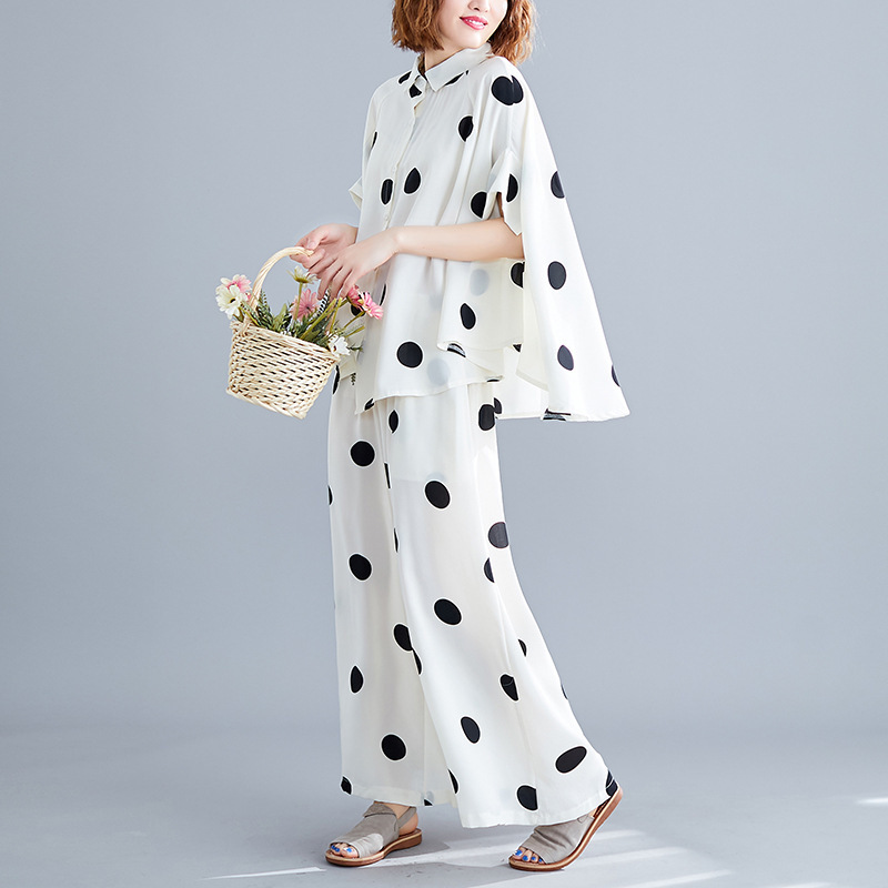 

Johnature Summer Korean Women Two Piece Set Top And Pants Casual Loose Polka Dot tops Elastic Waist Wide leg pants 210521, White