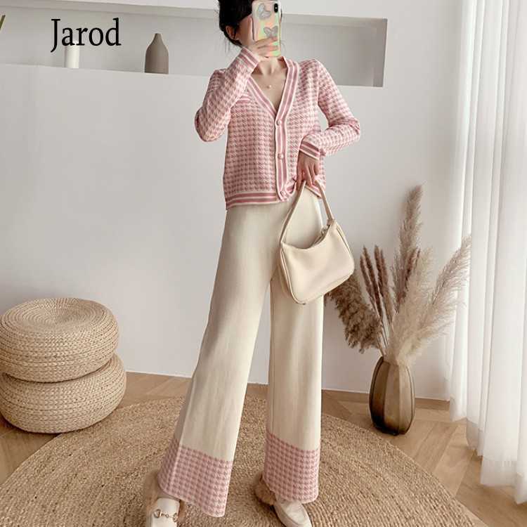 

Autumn 2 Piece Set Plaid Knit Cardigan Long Sleeve Sweater Coat + Wide Leg Pants Sets Elegant V-neck Jacket Trousers Outfits 210526, Photo color