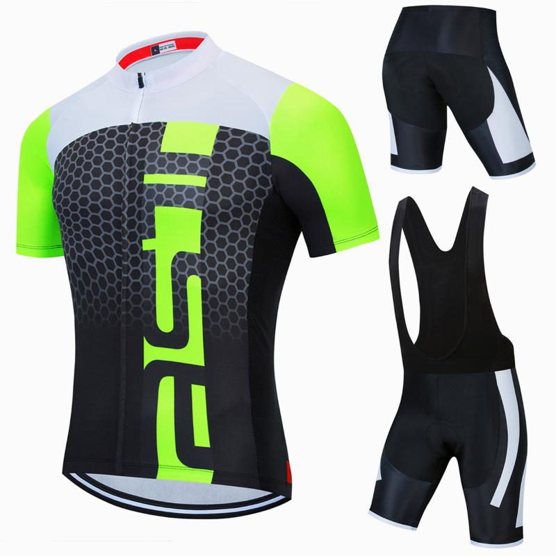 

Racing Sets 2021 Fluorescent Green Men Cycling Jersey Summer Short Sleeve Mountain Bicycle Clothes Set Bike 19D Gel Quick-dry Bib Shorts, Pic color