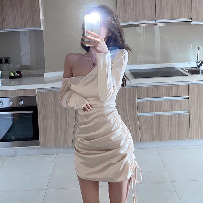 

Casual Dresses Temperament Sexy Chic Slim Waist Long Sleeve Wrap Hip Irregular Dress Mini Vestido Feminino Lace Up Pleated Korean Women Clot, Black;gray
