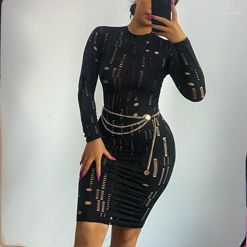 

Casual Dresses IMCUTE Y2K Fashion Ripped Long-sleeved Dress Women's Sexy Round Neck Mesh Hollow Street Hip Tight-fitting, Orange