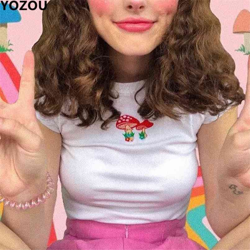 

Women 90s Punk Vintage Streetwear E-Girl O-Neck Red Mushroom Embroidery Summer Short Sleeve Crop Top Tee Tshirt For Female 210708, Gray