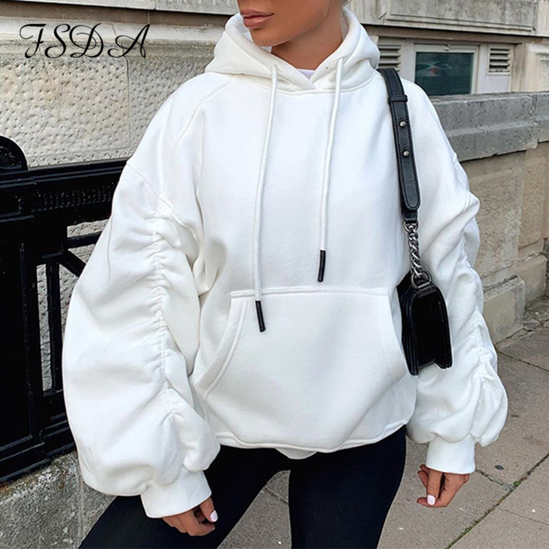 

long ruched sleeve puff oversized sweatshirt women white 2021 hoodie gray loose autumn winter pullover streetwear, Black;white
