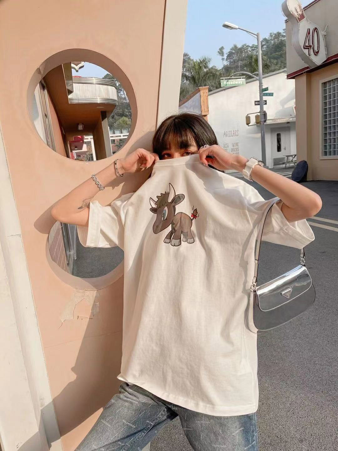 Paris home t shirt festive calf print versatile couple short sleeve simple loose casual see white two color size S-L#polo shirts01-image-683346310