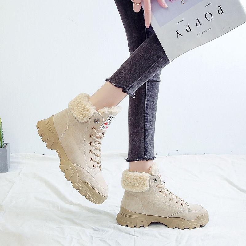 

Boots Women Snow Beige Plush Warm Fur Causal Shoes Sneakers Ankle Booties Platform Thick Sole Lace Up Winter, Black