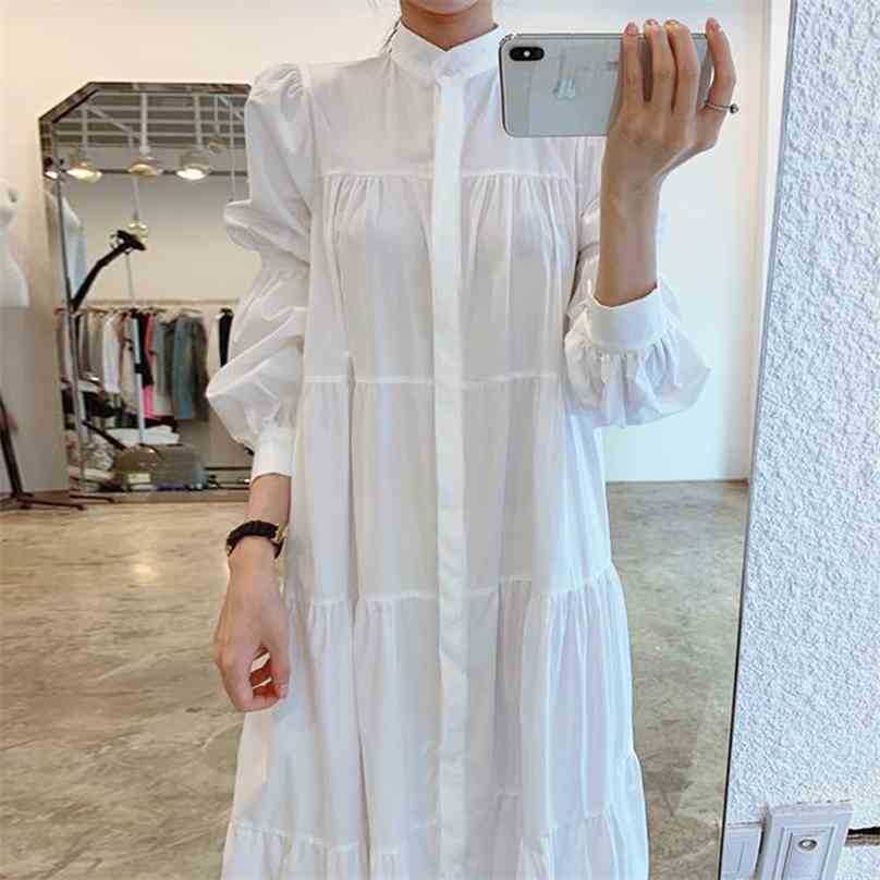 

Korean Long Dress Spring Autumn Sleeve Single-breasted Puff White Dresses Woman Causal A Line Loose 210525