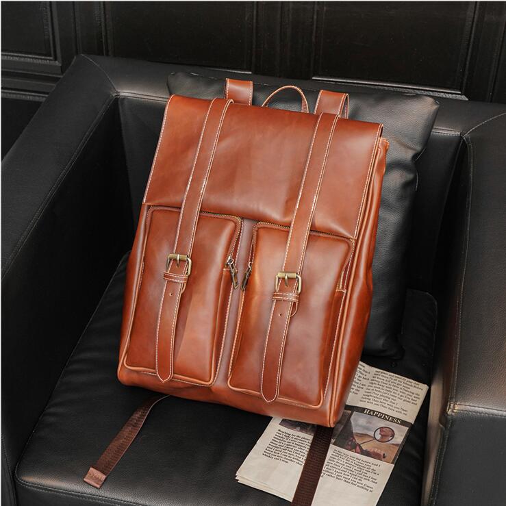 

wholesale men bag street trend crazy horse leather backpack college wind belt decoration student bags personalized zipper decorations Thread fashion handbag, Brown