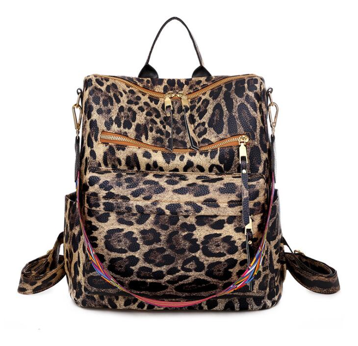 

Backpack Women PU Retro Large Capacity Leopard Prints Double Zipper Sport Cross body Bag Mix Color, Brown leopard