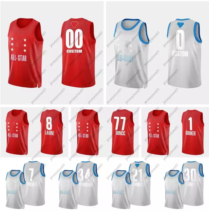 

2022 All-Star game jersey 1 Booker 2 Ball 3 Davis 7 Durant 8 lavine 12 Morante 21 Embiid 30 Curry 77 Doncic 75TH Basketball Jerseys Custom a, Black;red