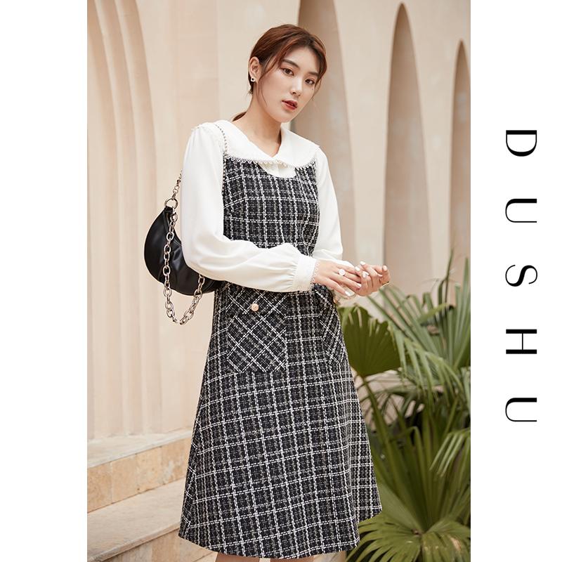 

Casual Dresses DUSHU Plus Size Sleeveless Long Tweed Plaid Dress Women Autumn Winter Slim Vintage Female Elegant Party Black 2021