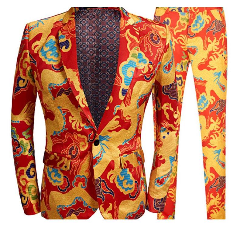 

Men' Suits & Blazers Red Vintage Men Wedding Suit Blazer Dragon Pattern Casual Coat Latest Stage Singer Host Groom Banquet Show Costume 2 P, Only jacket
