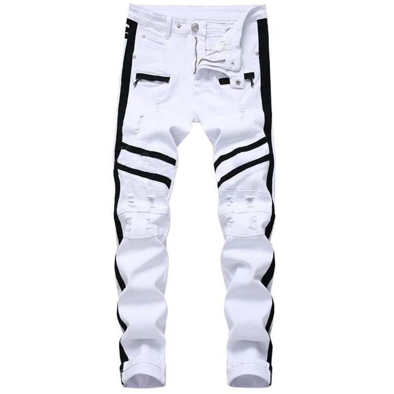 

Men Hip-hop Stripe design Patchwork Ripped Stretch Slim Jeans Streetwear Cotton Male Casual Joggers Denim trousers Plus Size 42 211111, White