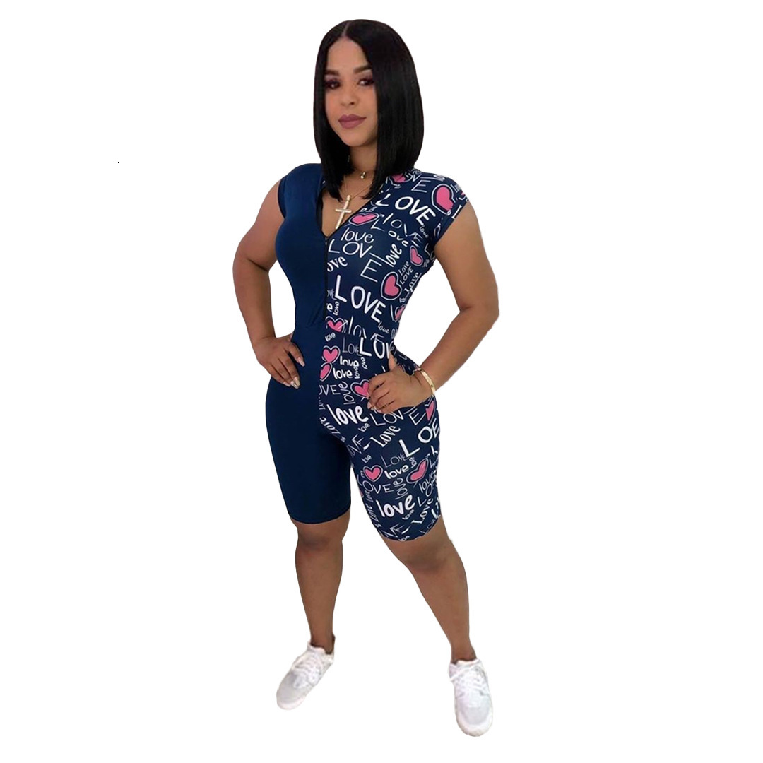 Sexy Letters Printed Zipper Lady Jumpsuits for Sports Home Casual Playsuits V Neck Cap Sleeves Stretchy ny Shorts Rompers Summer-image-680589669