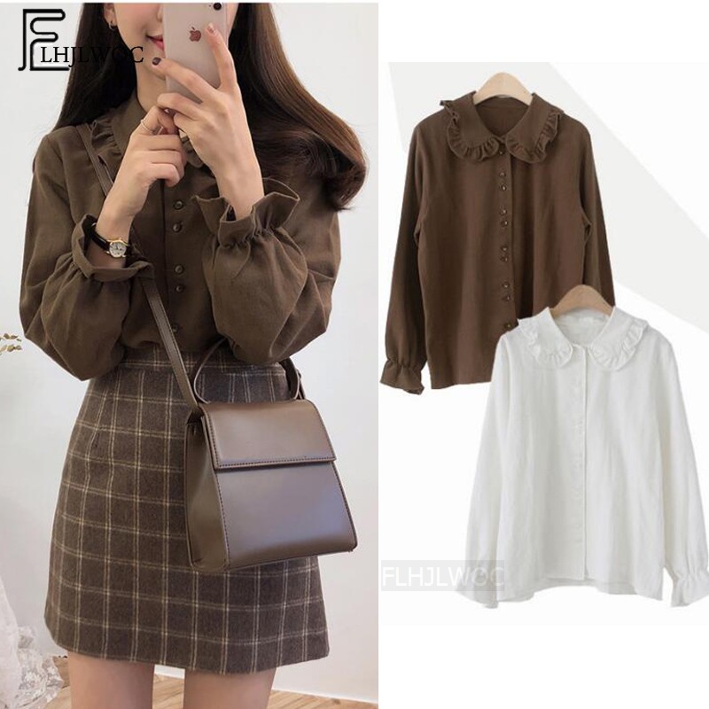 

Basic Shirts Blouses Hot Sales 2021 Women Fashion Design Korean Preppy Style Flare Sleeve Peter Pan Collar White Button Shirt, Cute skirt