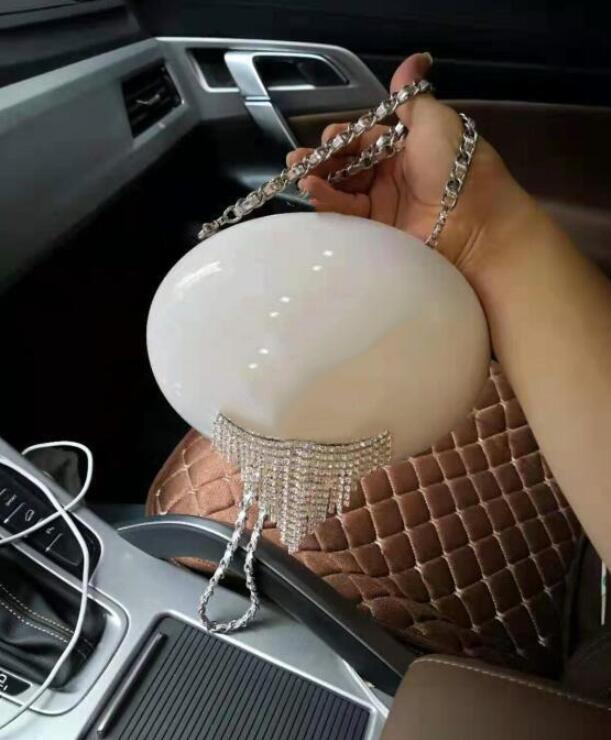 

Black white acrylic handbag Lady Evening Bags Fashion Rhinestone tassels shoulder bag Round shell Clutch Wallet, Gift box