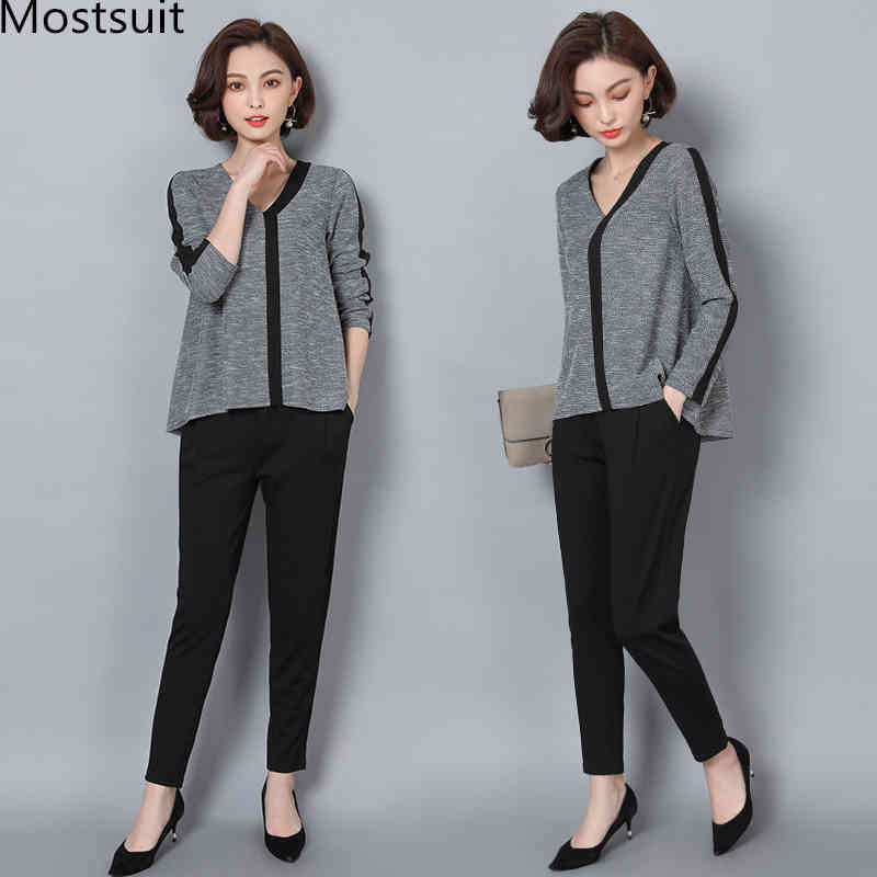 

L-5xl Grey Casual 2 Piece Set Women Long Sleeve V-neck Tops And Harem Pants Sets Suits Spring Autumn Plus Size Women's Tracksuit 210518