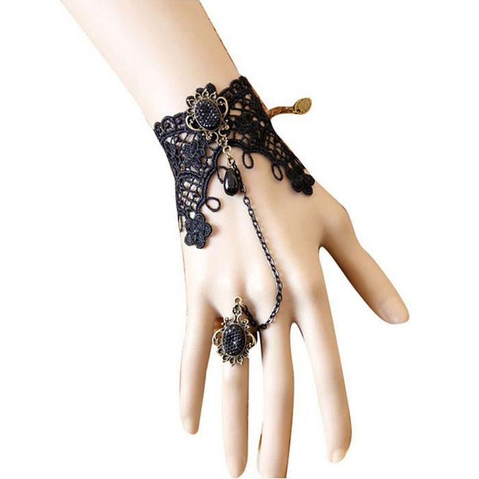 

Bangle Elegant Vintage Vampire Lady Girls Lace Bracelet Chain Wristband Finger Ring Gift Delicate Jewelry For Party