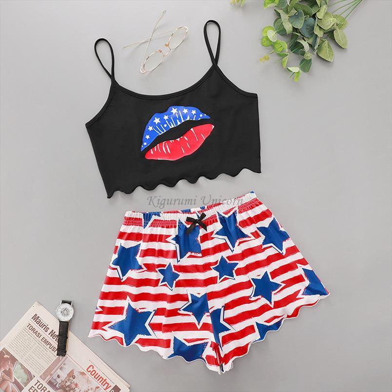 

cartoon print pajama sets womens sleepwears pattern pajamas strap sleeveless set female v neck summer night wear home suit, Black;red