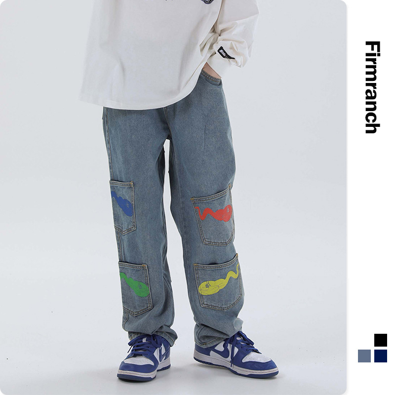 

Firmranch Men/Women Tadpole Homme Hip Hop Print Multi-pocket Pants Straight Loose Long Denim Jeans For Men, Black