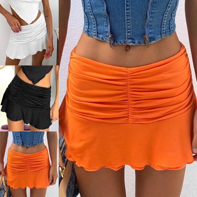 

Skirts Fashion Skirt Solid Color Shirring Polyester Fiber Pleated Hem Women Mini For Leisure, Black