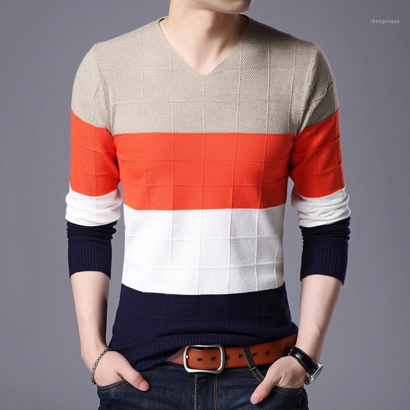

Men's Sweaters Fashion Brand Top Knitted Pullover Striped Quality Mens V Neck Sweater Korean Thick Autum Casual Jumper Clothes Men Hombre, Burgundy