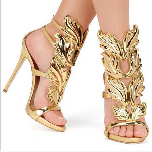 

Kardashian Luxury Women Cruel Summer Pumps Polished Golden Metal Leaf Winged Gladiator Sandals High Heels Shoes