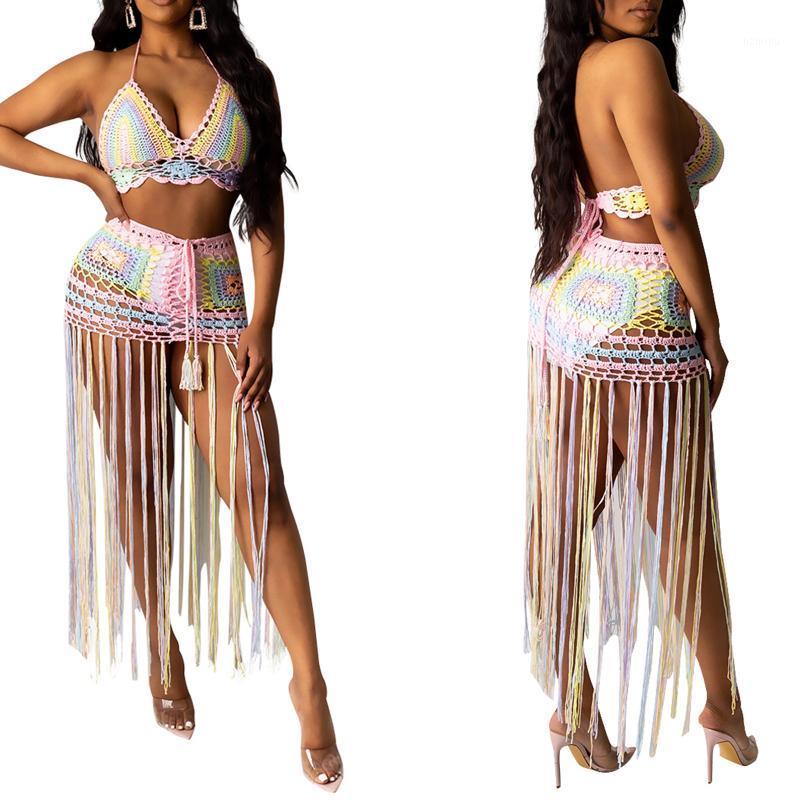 

Women' Swimwear Women Sexy Colored See-Through Beach Blouse, Two-piece Clothes Set, Multicolor Deep V-neck Sleeveless Crop Tops And Long Sk, Champagne